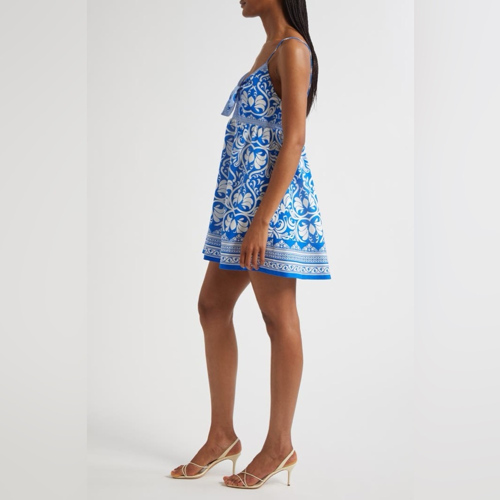 Alice + Olivia Blue and White Floral Dress Melvina Bow Mini Linen - Picture 9 of 11
